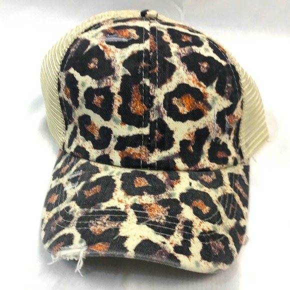Leopard Distressed Ponytail Baseball Hat - Picture 1 of 3